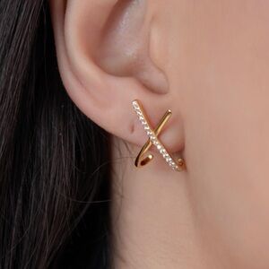 Charter Club 925 Sterling Silver X Crossover Crystal Hoop Earrings